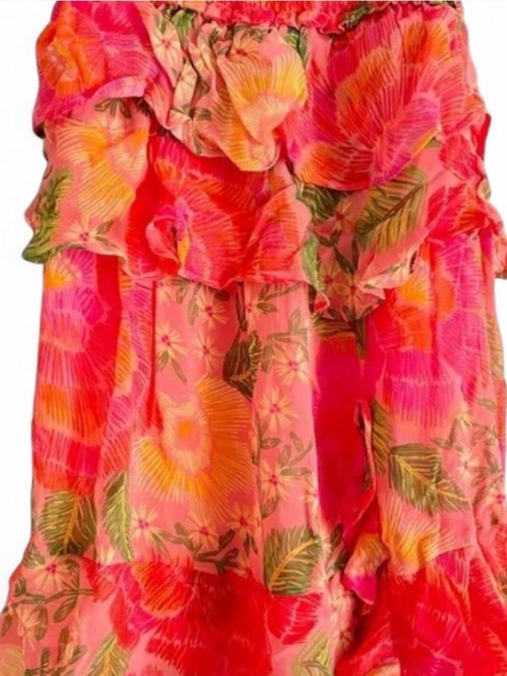 FARM Rio Blooming Floral Maxi Dress, Vibrant Coral, Front Slit, Smocked Bodice M - Picture 6 of 8